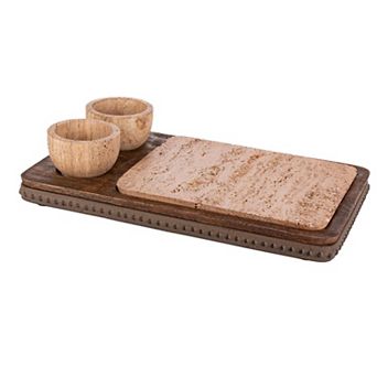 Wood and Marble Charcuterie Serving Board with Aluminum Trim for Appetizers and Cheese