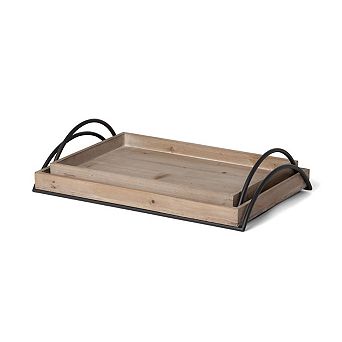 Set of 2 Wood Serving Trays with Iron Handles for Coffee Table and Kitchen Use