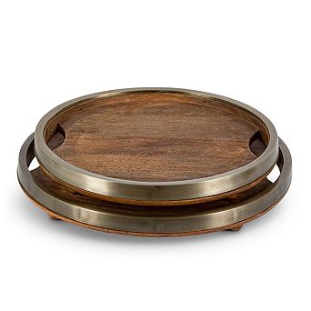 Set of 2 Round Mango Wood Serving Trays with Aluminum Rim for Tabletop Use