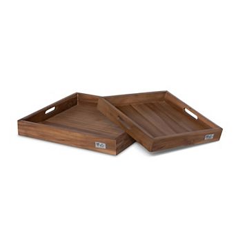 Set of 2 Teak Wood Square Serving Trays with Cutout Handles for Drinks and Snacks