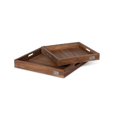 Set of 2 Teak Wood Square Serving Trays with Cutout Handles for Drinks and Snacks