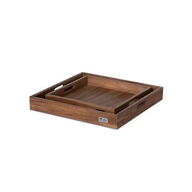 Set of 2 Teak Wood Square Serving Trays with Cutout Handles for Drinks and Snacks