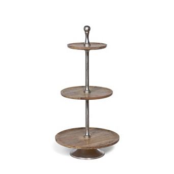 3 tier Mango Wood Serving Stand with Aluminum Frame for Kitchen and Dining Display