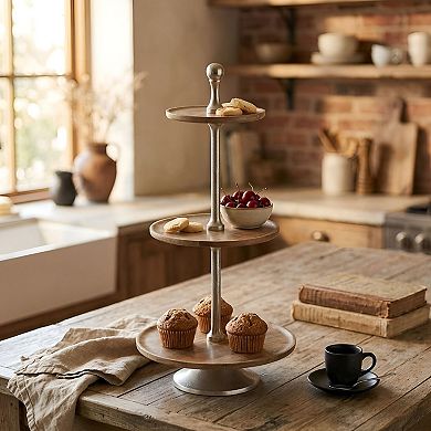 3 Tier Mango Wood Serving Stand with Aluminum Frame for Kitchen and Dining Display