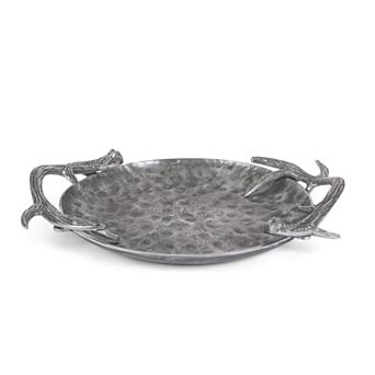 Hammered Round Aluminum Serving Tray with Antler Handles for Appetizers Holiday Meals and Buffet