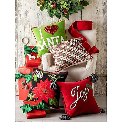 Holiday Square Pillow with Holly Accent for Living Room and Entry Seating