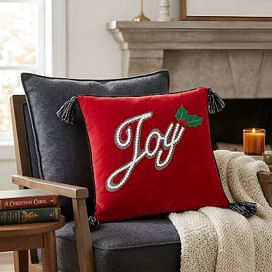 Holiday Square Pillow with Holly Accent for Living Room and Entry Seating