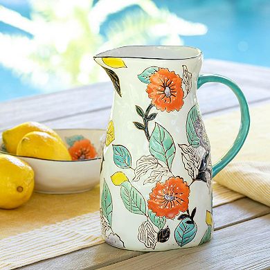 Poppy Garden Stoneware Pitcher with Hand Painted Floral Design for Tabletop Decor