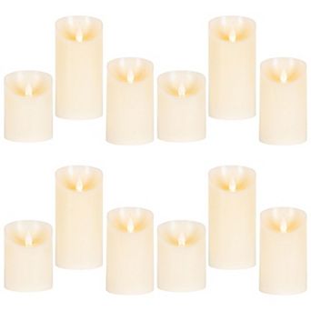 Set of 12 Flameless Wax Pillar Candles Fire Glow Tip LED Decor