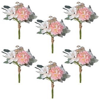 Peony and Dusty Miller Artificial Flower Bouquet Set of 6, Home Decor Centerpieces
