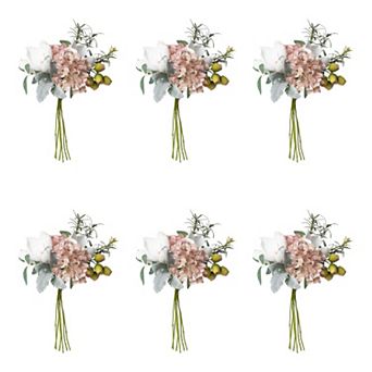 Mixed Magnolia Hydrangea Bouquet Set of 6, Faux Floral Stems Mauve Decor
