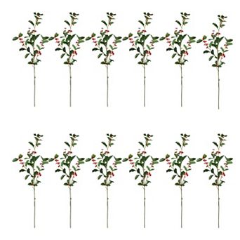 Set of 12 English Holly Stems with Red Berry Accents for Holiday Vase Arrangements & Mantel Displays