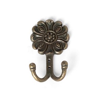 Set of 6 Florette Antique Brass Double Wall Hooks for Entryway and Bathroom Storage