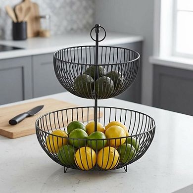 2-Tier Iron Fruit Basket Stand for Kitchen Counter Pantry Storage Organizer