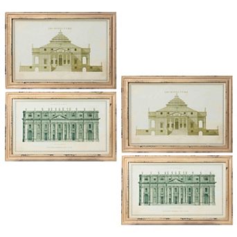 Vintage Architectural Wall Decor Set of 4 Framed Prints for Office or Bedroom