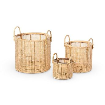 Woven Rattan Storage Basket Set of 3 with Handles for Home Organization