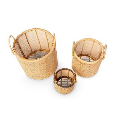 Woven Rattan Storage Basket Set of 3 with Handles for Home Organization