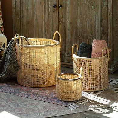 Woven Rattan Storage Basket Set of 3 with Handles for Home Organization