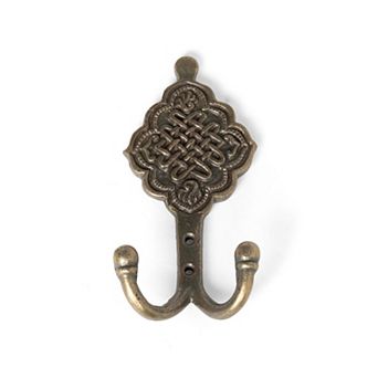 Set of 6 Medallion Antique Brass Double Wall Hooks for Entryway and Bathroom Storage