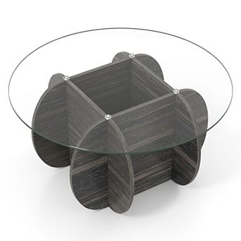 Round Glass Coffee Table Hidden Storage Wood Grain Rustic Living Room Table