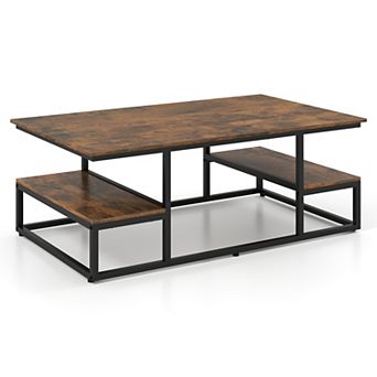 Industrial Coffee Table with Metal Frame and Dual Storage Shelves