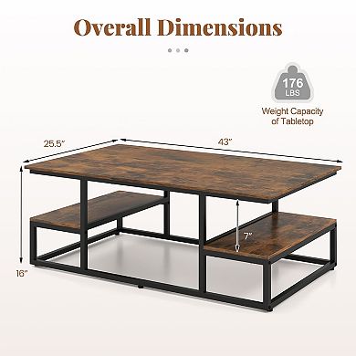 Industrial Coffee Table with Metal Frame and Dual Storage Shelves