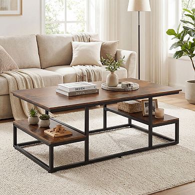 Industrial Coffee Table with Metal Frame and Dual Storage Shelves