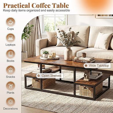 Industrial Coffee Table with Metal Frame and Dual Storage Shelves