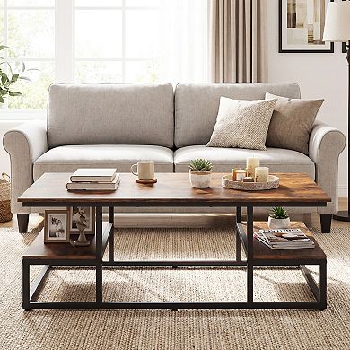Industrial Coffee Table with Metal Frame and Dual Storage Shelves