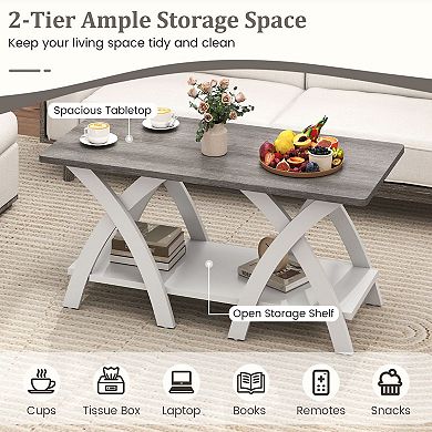 Rectangular Coffee Table with Lower Shelf and X Support Farmhouse Style