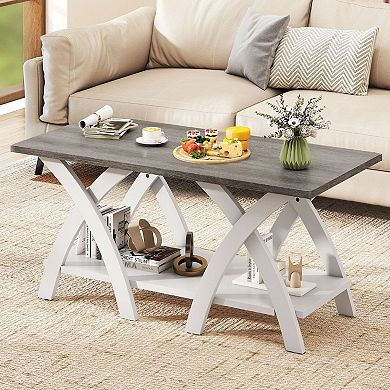 Rectangular Coffee Table with Lower Shelf and X Support Farmhouse Style
