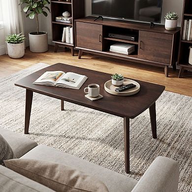 Mid-Century Modern Coffee Table Rubber Wood Rectangular Living Room Table