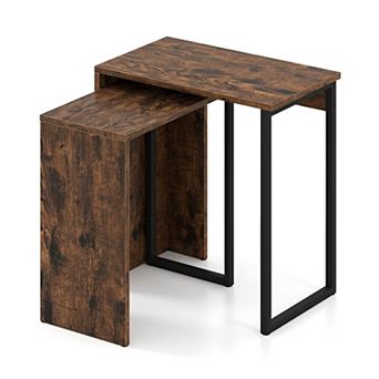 2 pc Nesting End Table Set Metal Frame Wood Grain Side Tables