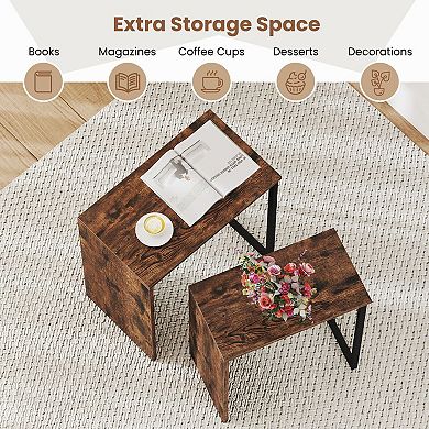 2 Piece Nesting End Table Set Metal Frame Wood Grain Side Tables