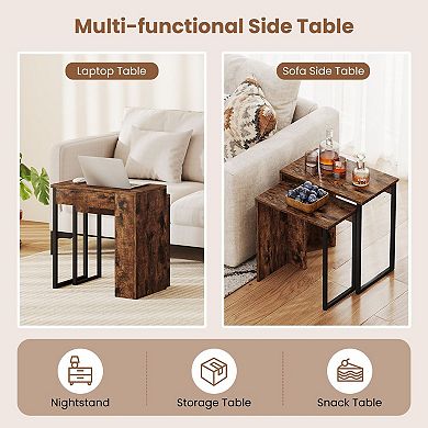2 Piece Nesting End Table Set Metal Frame Wood Grain Side Tables