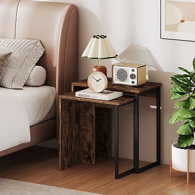 2 Piece Nesting End Table Set Metal Frame Wood Grain Side Tables