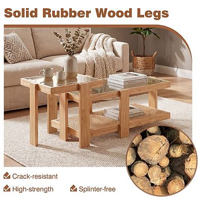 Farmhouse Nesting Accent Tables with Rattan Shelf and Glass Top