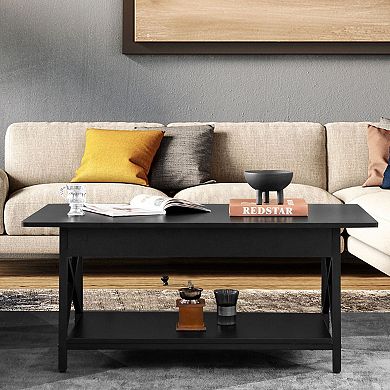 Industrial Coffee Table Wood Finish Metal Frame 2-Tier Storage Shelf