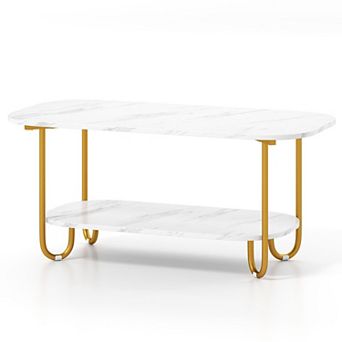 Coffee Table Faux Marble Top Metal Frame Open Storage Shelf Living Room