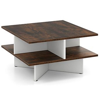 Square 2 tier Coffee Table with Storage Compartment Wood Grain Finish