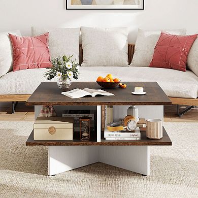 Square 2-Tier Coffee Table with Storage Compartment Wood Grain Finish