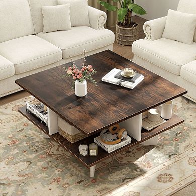 Square 2-Tier Coffee Table with Storage Compartment Wood Grain Finish