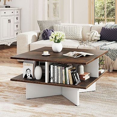 Square 2-Tier Coffee Table with Storage Compartment Wood Grain Finish