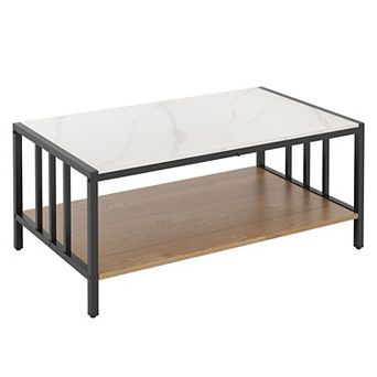2 tier Coffee Table Faux Marble Sintered Stone Top Metal Frame Storage Shelf