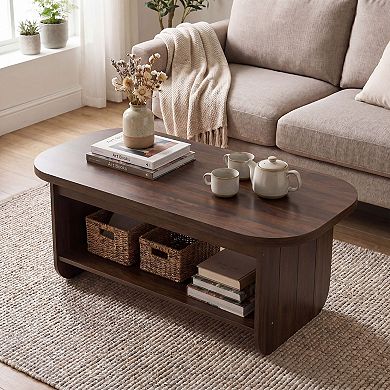 Oval Mid Century Coffee Table with 2 Tier Storage Shelf for Living Room and Apartment
