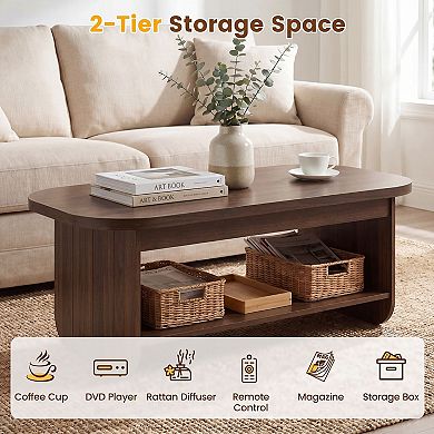 Oval Mid Century Coffee Table with 2 Tier Storage Shelf for Living Room and Apartment