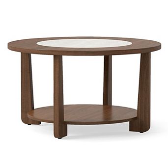 2 tier Round Coffee Table Wood Grain Stone Look Finish Open Storage Shelf Living Room