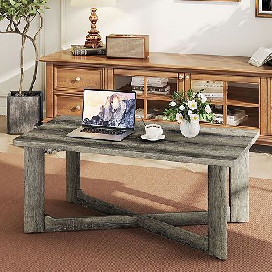 Rectangular Living Room Coffee Table with X-Shaped Base and Rounded Corners