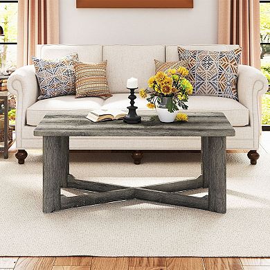 Rectangular Living Room Coffee Table with X-Shaped Base and Rounded Corners