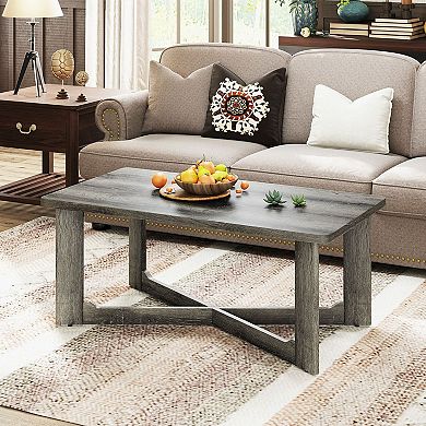 Rectangular Living Room Coffee Table with X-Shaped Base and Rounded Corners